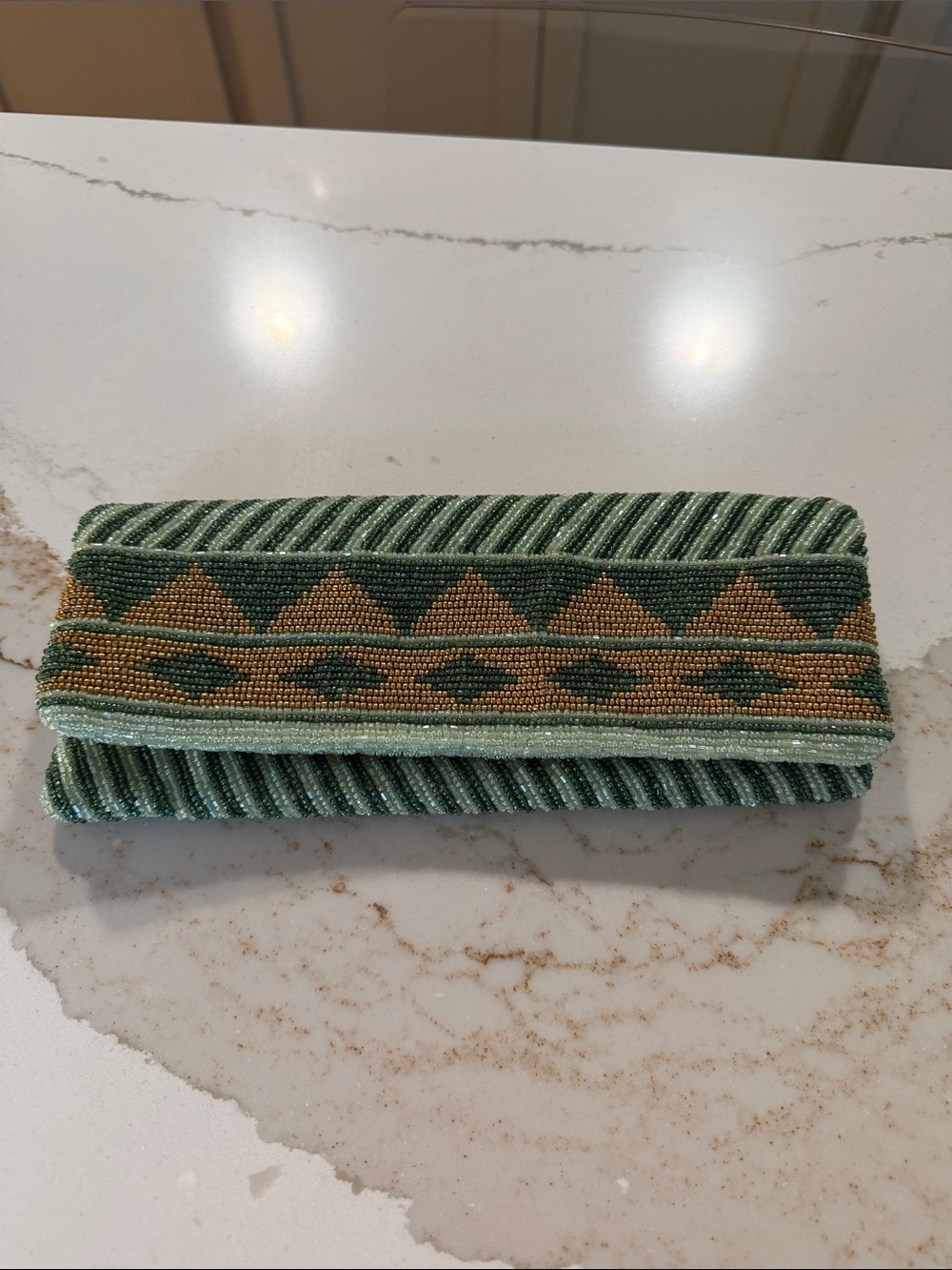 Oliphant Beaded Fold-Over Clutch in Sage Green and Gold